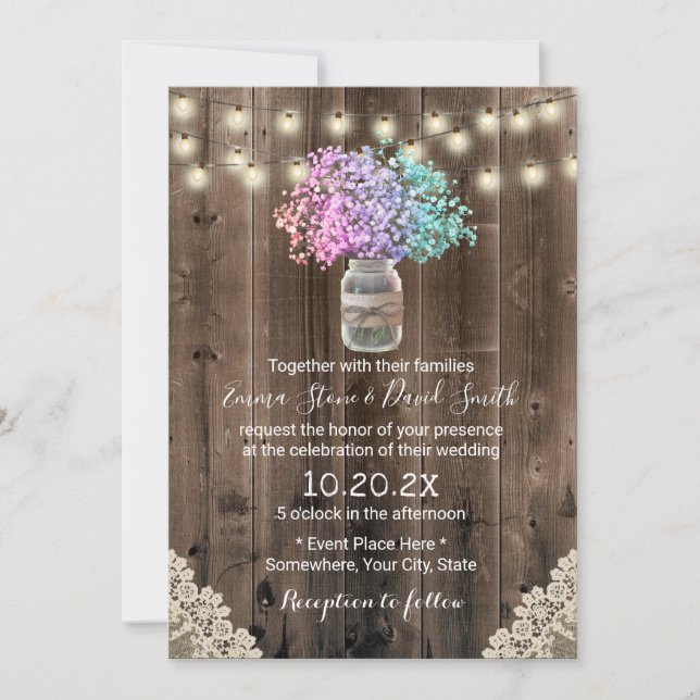 Pastel Baby's Breath Flowers Rustic Wedding Invitation (Front)