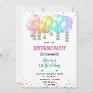 Pastel balloon birthday card invitation