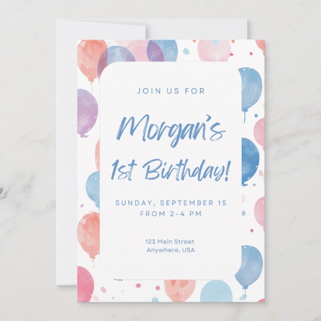 Pastel Balloon First Birthday Invitation (Front)