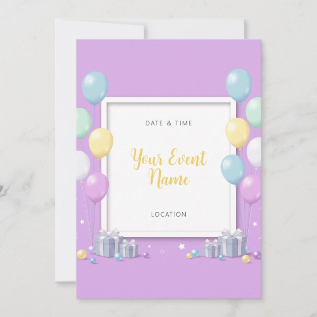 Pastel Balloon Lavender Present Frame Invitation (Front)