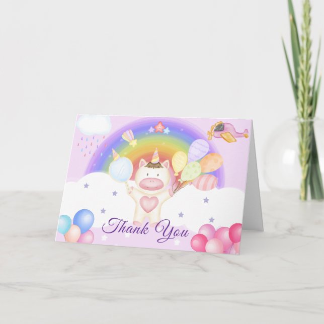 Pastel Balloon Unicorn Rainbow Baby Shower Thank You Card (Front)