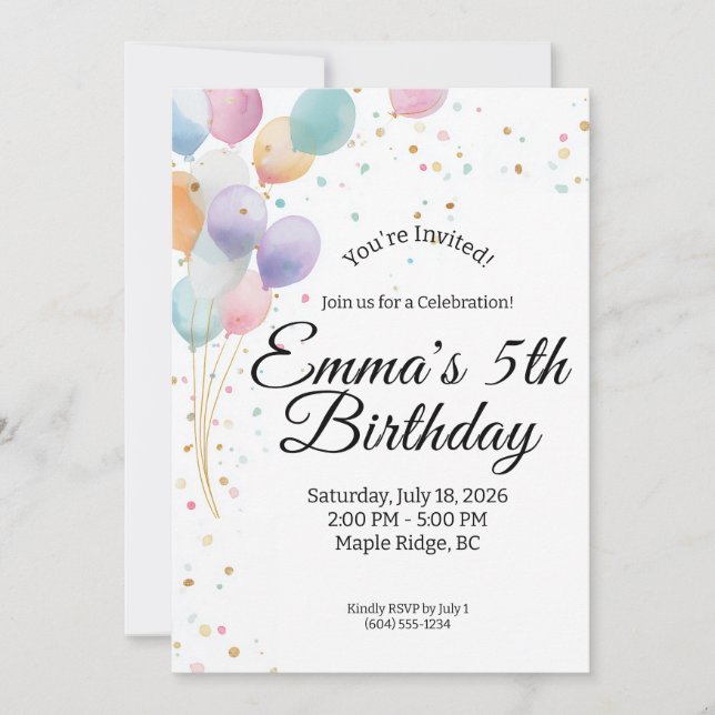 Pastel Balloons Birthday Party Invitation (Front)