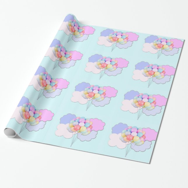Pastel Balloons in Clouds on Blue Wrapping Paper (Unrolled)