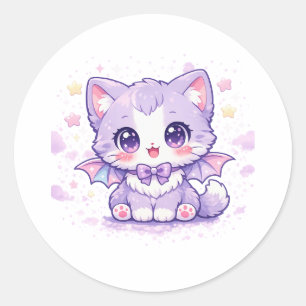Pastel Bat Kitty Kawaii Lavender Winged Cat Classic Round Sticker