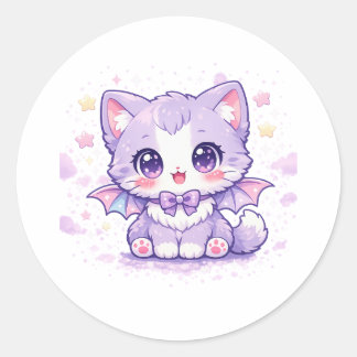 Pastel Bat Kitty  Kawaii Lavender Winged Cat  Classic Round Sticker