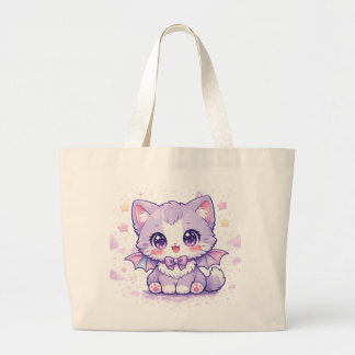 Pastel Bat Kitty  Kawaii Lavender Winged Cat Large Tote Bag
