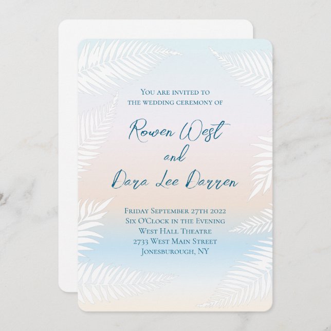 Pastel Beach Sunset Tropical Palm Leaf Wedding Invitation (Front/Back)