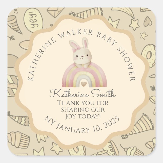 pastel beige bunny cute party babyshower  square sticker (Front)