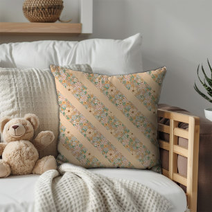 Pastel beige floral pattern diagonal stripes cushion