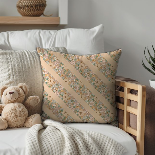 Pastel beige floral pattern diagonal stripes cushion (Creator Uploaded)