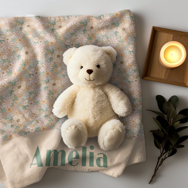 Pastel beige floral pattern name fleece blanket (Creator Uploaded)