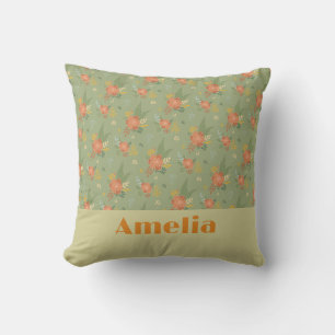 Pastel beige green mint floral pattern name cushion