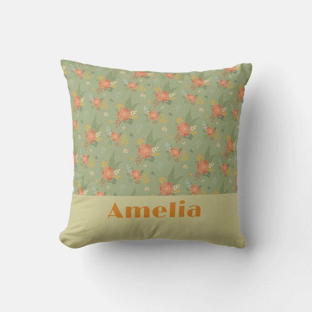 Pastel beige green mint floral pattern name cushion (Front)