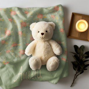 Pastel beige green mint floral stripe pattern name fleece blanket