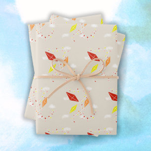Pastel Beige Kites in Sky Pattern Kids Birthday Wrapping Paper Sheet