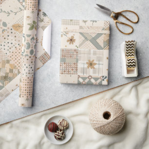 Pastel Beige Quilt Earthy Gingham Cottagecore Wrapping Paper