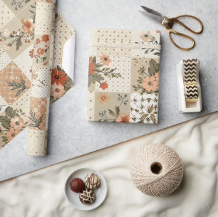 Pastel Beige Quilt Earthy Gingham Cottagecore Wrapping Paper
