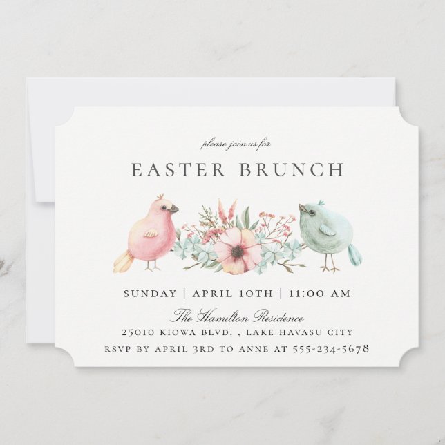 Pastel Birds Floral Easter Brunch Invitation (Front)
