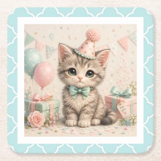 Pastel Birthday Kitten Illustration  Square Paper Coaster (Front)