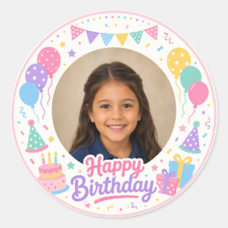 Pastel Birthday Photo Frame Classic Round Sticker