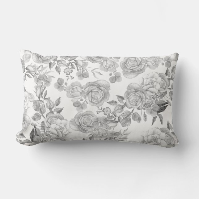 Pastel black gray elegant country roses flowers lumbar cushion (Front)