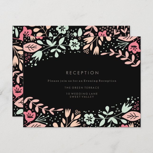 Pastel Black Modern Floral Wedding Reception Card (Front/Back)
