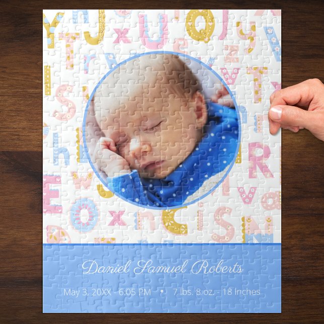 Pastel Blue ABC Birth Record Stat Baby Boys Photo Jigsaw Puzzle (Creator Uploaded)