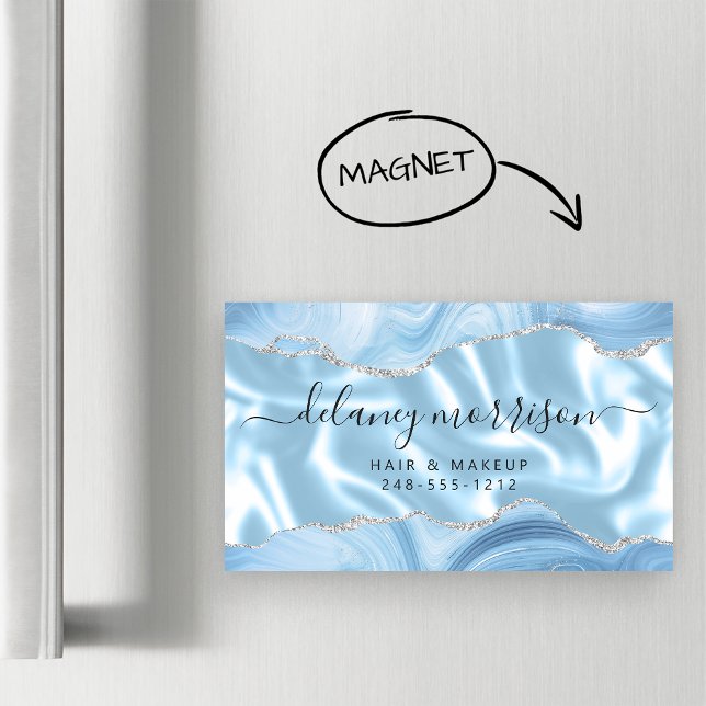 Pastel Blue Agate Silver Glitter Luxury Magnetic Business Card (Creator Uploaded)