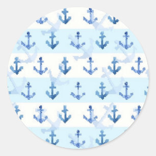 Pastel Blue Anchor Pattern Classic Round Sticker