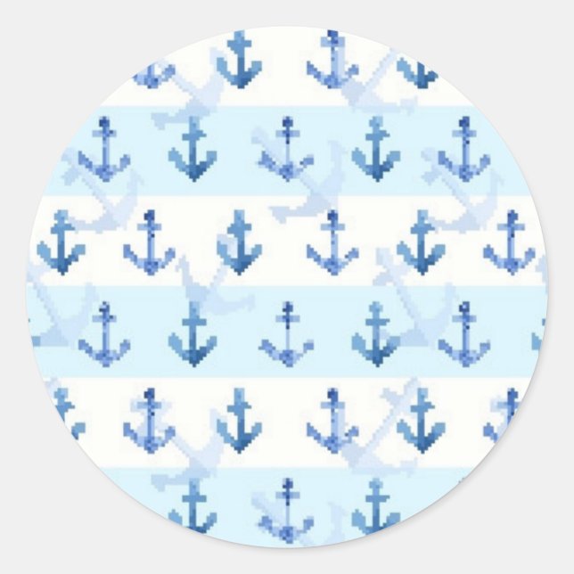 Pastel Blue Anchor Pattern Classic Round Sticker (Front)