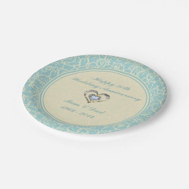 Pastel Blue And Creme Floral Damasks Paper Plate (Angled)