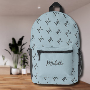 Pastel Blue and Dark Grey Calligraphy Name Printed Backpack