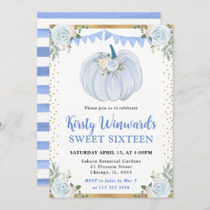 Pastel Blue and Gold Floral Pumpkin Fall Sweet 16 Invitation