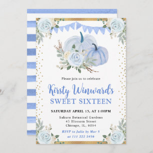 Pastel Blue and Gold Floral Pumpkins Fall Sweet 16 Invitation