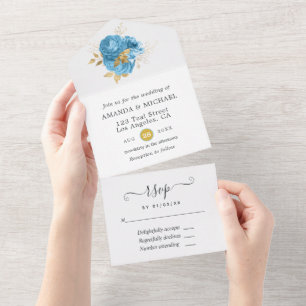 Pastel Blue and Gold Floral Wedding All In One Inv Invitation