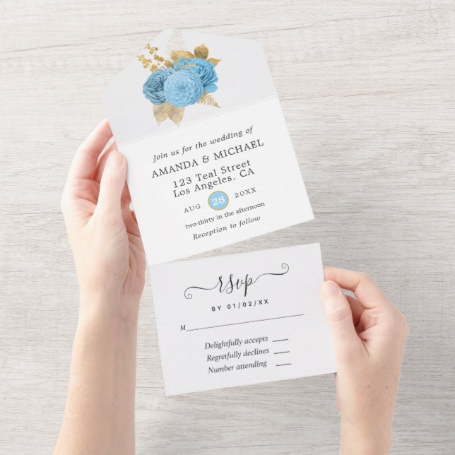 Pastel Blue and Gold Floral Wedding All In One Inv Invitation (Tearaway)