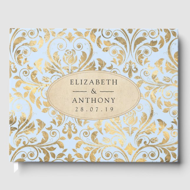 Pastel Blue and Gold Floral Wedding Guest Book (Front)