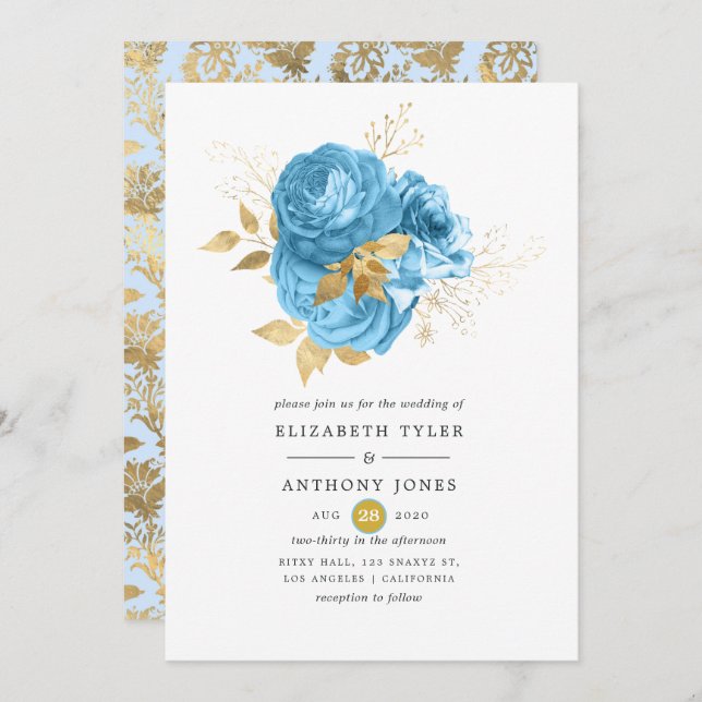 Pastel Blue and Gold Floral Wedding Invitation (Front/Back)