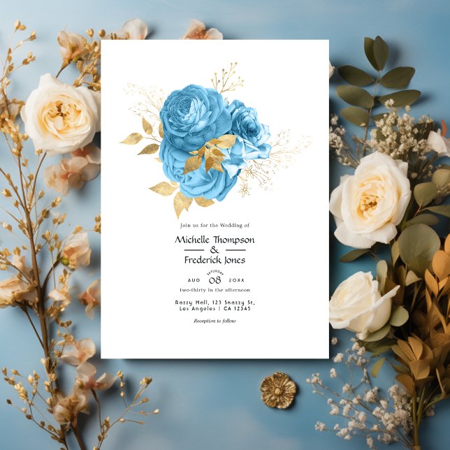 Pastel Blue and Gold Floral Wedding Invitation (Creator Uploaded)