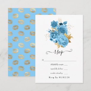 Pastel Blue and Gold Floral Wedding RSVP Card