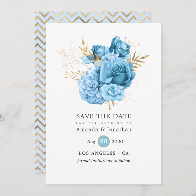 Pastel Blue and Gold Floral Wedding Save The Date (Front/Back)