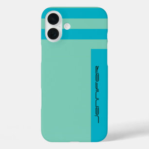 Pastel Blue and Green Two Way Stripe, Name, Simple iPhone 16 Plus Case