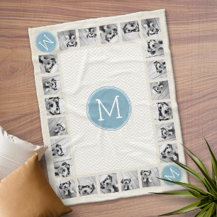 Pastel Blue and Linen Chevrons White Monograms Fleece Blanket
