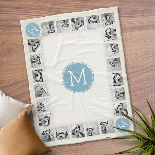 Pastel Blue and Linen Chevrons White Monograms Fleece Blanket (Personalized Fleece Blanket)
