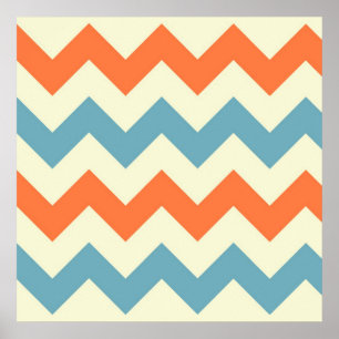 Pastel Blue and Orange Chevron Stripes Zig Zags Poster