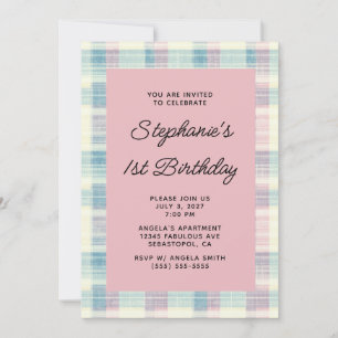 Pastel Blue and Pink Linen Gingham 1st Birthday Invitation