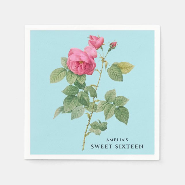 Pastel Blue and Pink Rose Vintage Botanical Napkin (Front)