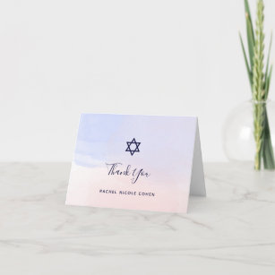Pastel Blue and Pink Watercolor   Bat Mitzvah Thank You Card