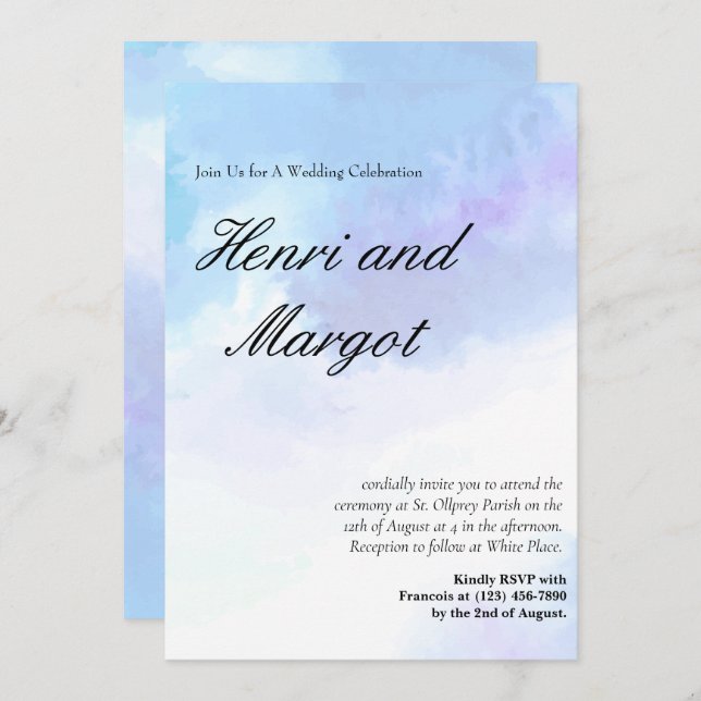 Pastel Blue and Purple Watercolor Flowy Script Sty Invitation (Front/Back)