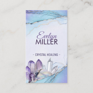 Pastel Blue and Purple Watercolor Healing Crystals Business Card